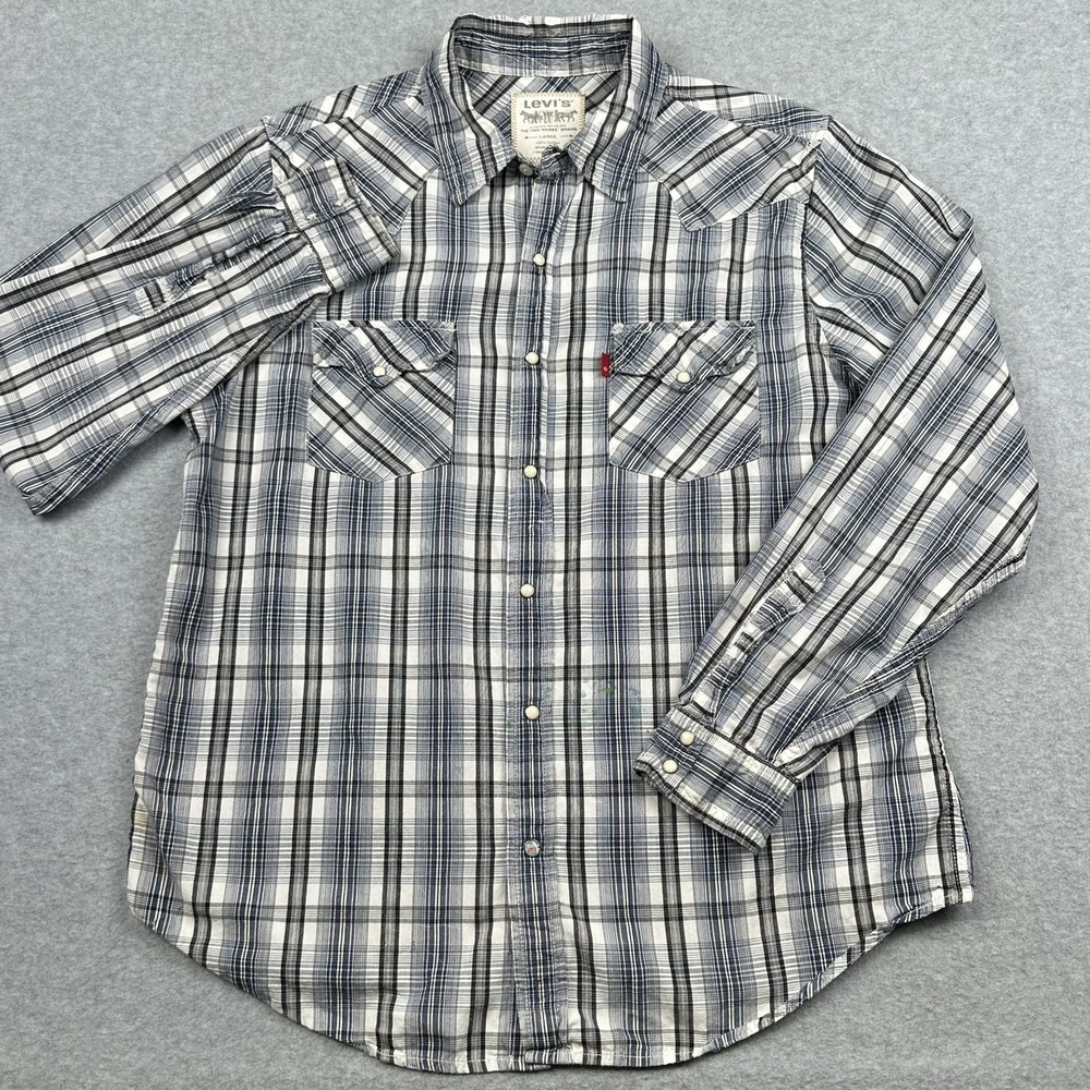 Levis Pearl Snap Shirt Mens Large Blue White Plaid Western Long Sleeve Two Horse
